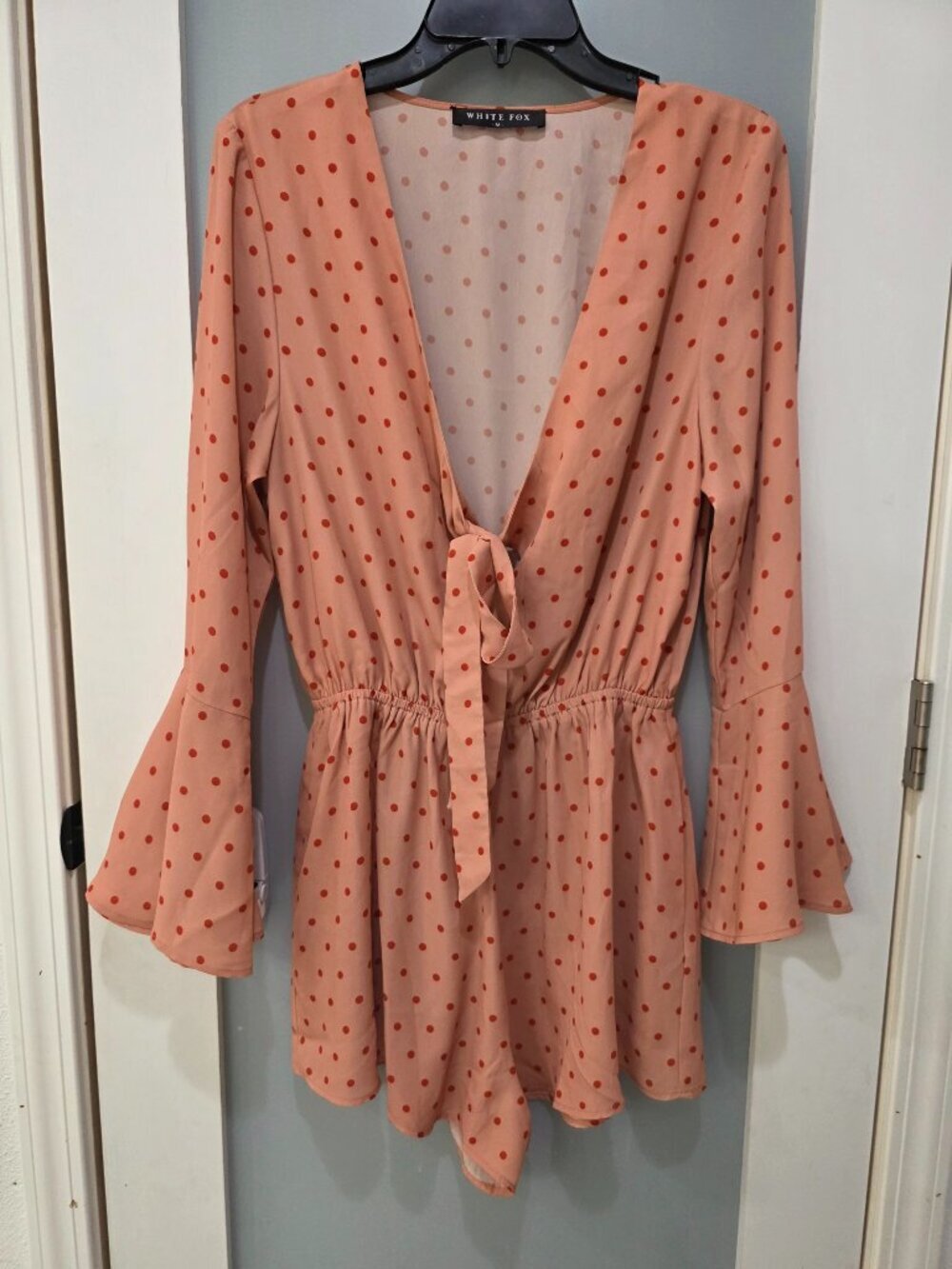 White Fox Polka Dot Bell Sleeve Romper Orange Red Women’s Size M